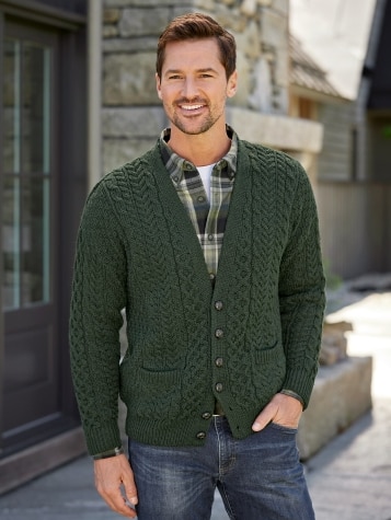 Irish Wool V-Neck Cardigan for Men in Green