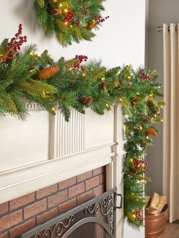 Pre-Lit Pinecone and Berry Dual Color LED Artificial Garland, 12 Feet