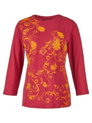 Swirling Leaves Embroidered Cotton Top With 3/4 Sleeves