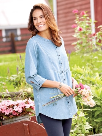 Denim Tunic Top With Pockets for Women 