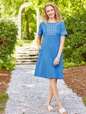 Embroidered A-Line Cotton Knit Dress