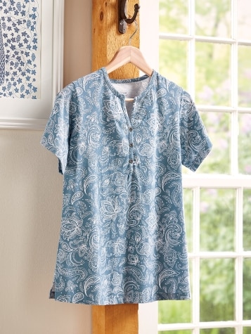 Women's Short-Sleeve Garment-Washed Paisley Cotton Henley