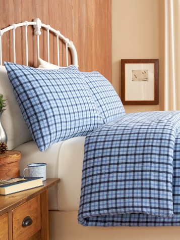 Yarn-Dyed Plaid Portuguese Cotton Flannel Comforter Cover in Blue Plaid