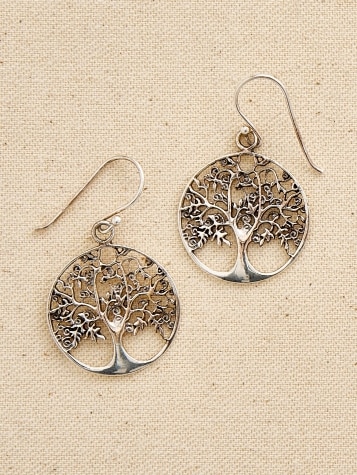 Sterling Silver Round Oak Tree Drop Earrings