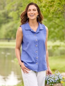 Women's Crinkle Cotton Sleeveless Button-Front Top