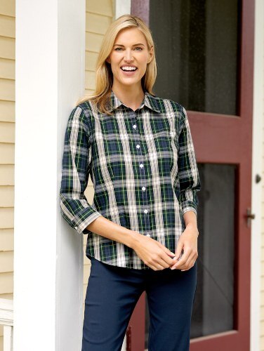 Womens Wrinkle Free Plaid Oxford Shirt
