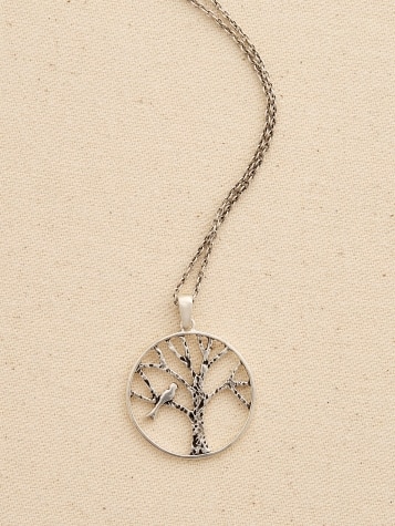Sterling Silver Bird-on-a-Branch Pendant Necklace