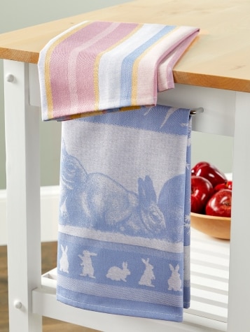 Bunnies in the Garden and Striped Tea Towel, Set of 2