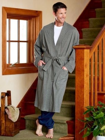 Men's and Women's Cotton Knit Wrap Robe in Gray 