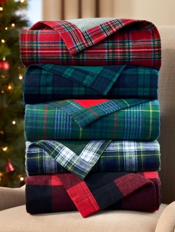 Plaid Portuguese Cotton Double-Flannel Blanket or Throw