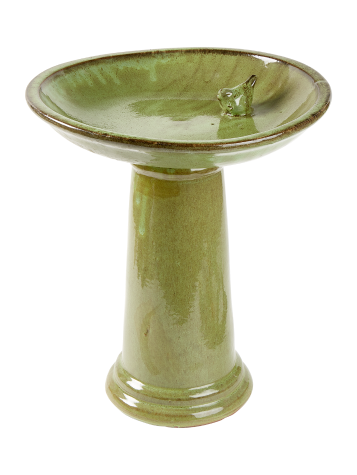 Glazed Ceramic Green Pedestal Bird Bath