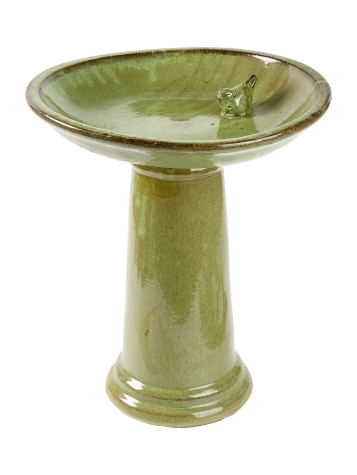 Glazed Ceramic Green Pedestal Bird Bath