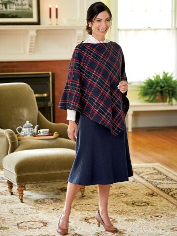 Women's Lined Wool-Blend Tartan Poncho