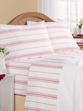Portuguese Cotton Striped Percale Sheet Set in Red Stripe and White