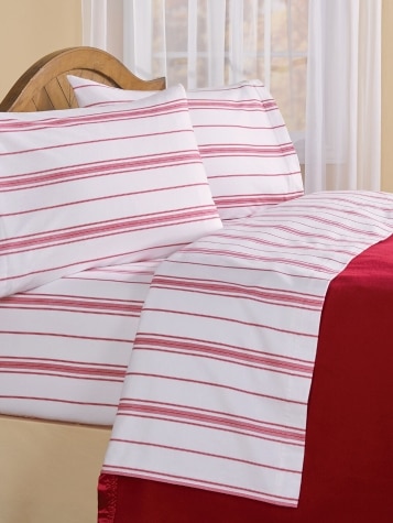 Striped Portuguese Cotton Flannel Sheet Set in Red Stripe and White
