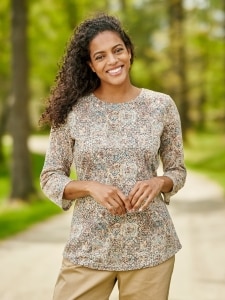 Soft Knit Printed Tunic Top With 3/4 Sleeves