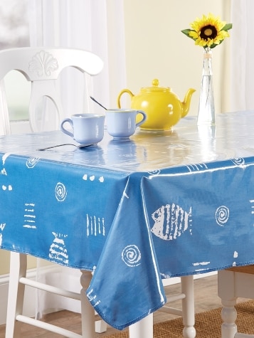 Heavy-Duty Printed Oilcloth Tablecloth in Rock Fish Blue