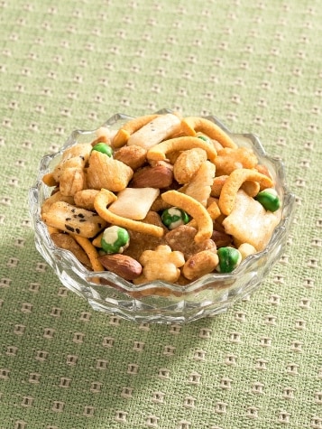 Dish of Rice Crackers, Wasabi Peas & Honey Peanuts