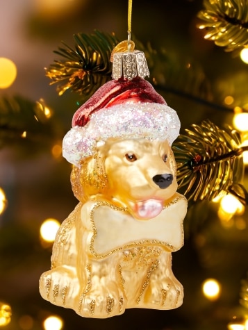 Santa Hat Puppy Blown-Glass Christmas Ornament