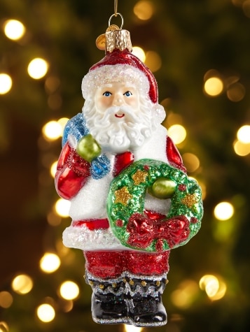 Santa and Wreath Blown-Glass Christmas Ornament
