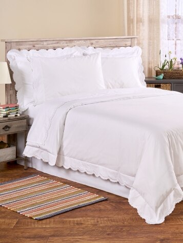 Double-Scalloped Embroidered Cotton Percale Sheet Set
