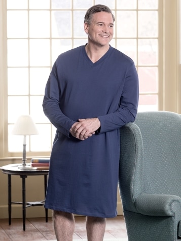 Men's Comfort Knit V-Neck Long-Sleeve Cotton Nightshirt