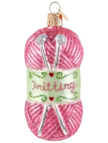 Knitting Needles and Yarn Blown-Glass Christmas Ornament
