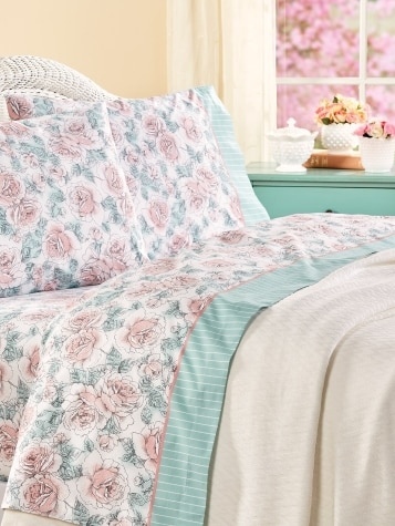 Country Blooms and Stripes Portuguese Cotton Percale Sheet Set