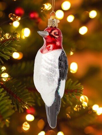 Red-Headed Woodpecker Blown-Glass Christmas Ornament