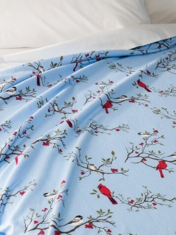 Portuguese Cotton Flannel Print Sheet-Blanket in Blue Cardinal and Chickadee