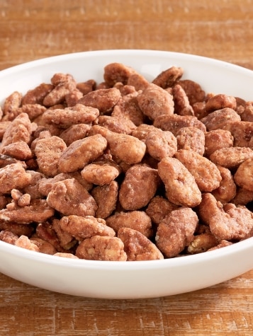 Bowl of Buttery Toffee Praline Pecans on Table