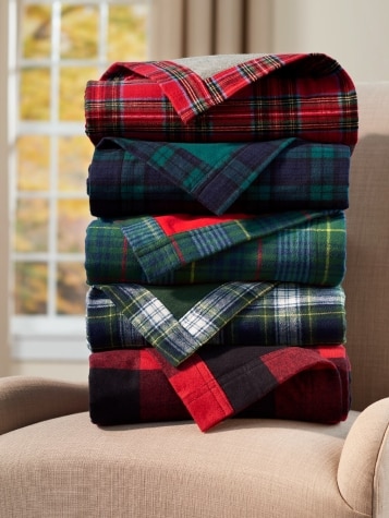 Plaid Portuguese Cotton Double-Flannel Blanket or Throw