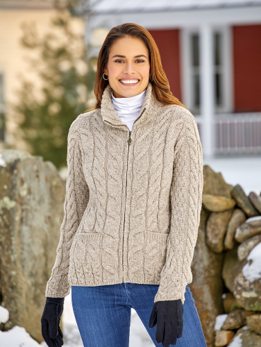 Womens Merino Wool Full Zip Irish Sweater
