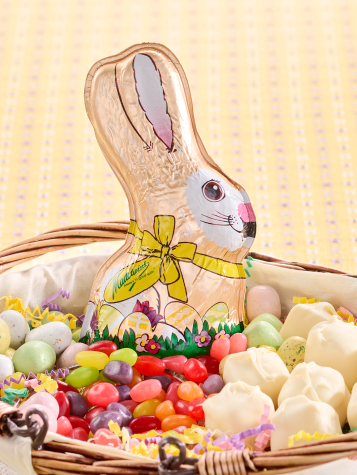 Foiled milk chocolate bunny in Easter basket.