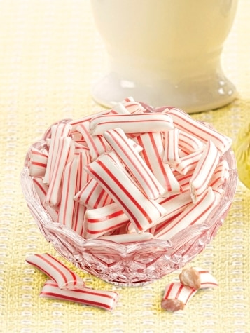 Striped Peppermint Cream Straws in Candy Dish