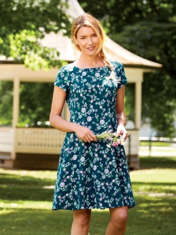 Fit-and-Flare Cotton-Knit Dark Teal Floral Dress