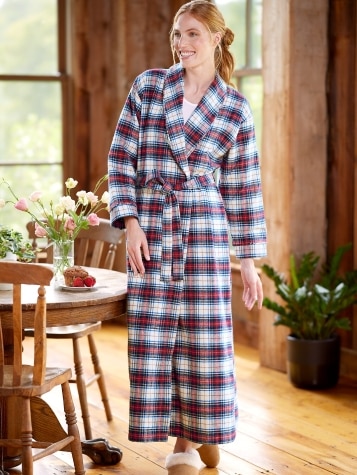 Women's Portuguese Cotton Flannel Wrap Robe in Ivory Plaid