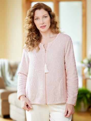 Women s Ella Simone Sculpted Rose Fleece Bed Jacket Blue Xs The Vermont Country Store