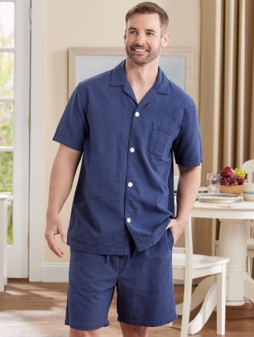 Men's Cotton Seersucker Short Navy Pajama Set