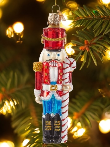 Nutcracker With Candy Cane Blown-Glass Christmas Ornament
