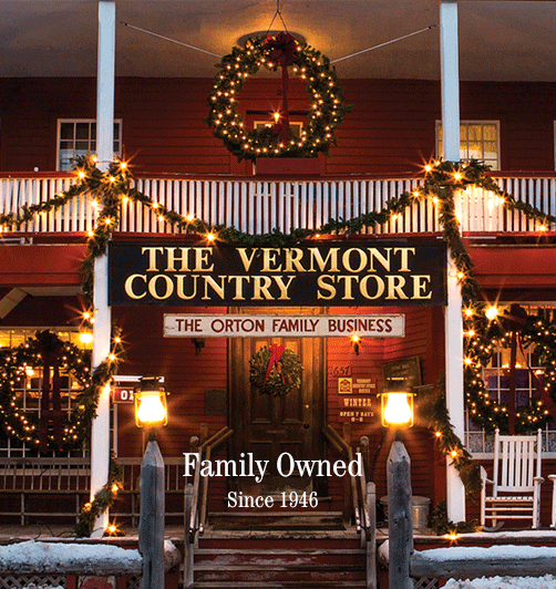 The Vermont Country Store winter scene with Christmas decorations and lights.