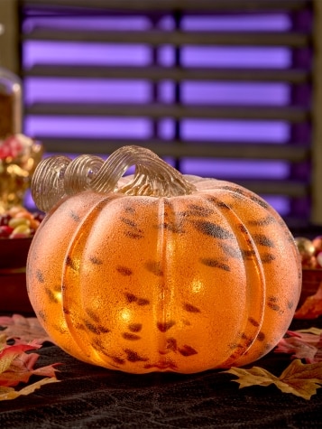 Cordless Lighted 7 Inch Hand-Blown Glass Pumpkin