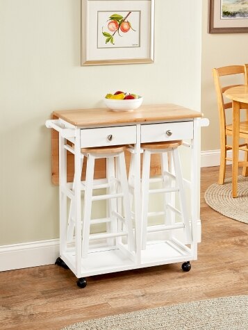 Solid Wood Drop-Leaf Breakfast Cart With Two Stools