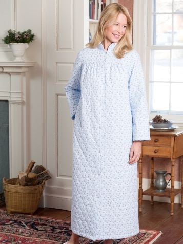 Blue Floral Double-Quilted Flannel Robe for Women 