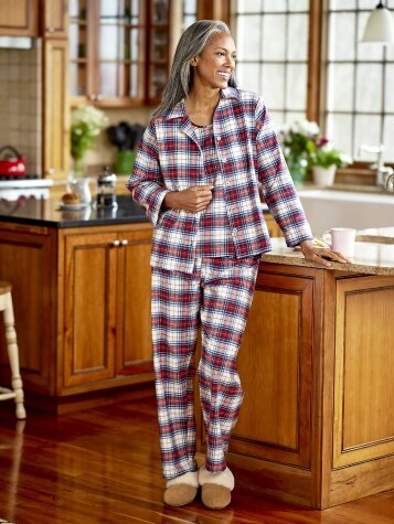 Women's 3-Piece Portuguese Flannel Pajama Set in Ivory Plaid