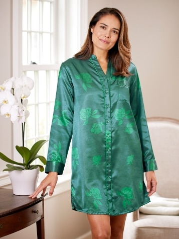 Women's Brushed-Back-Satin Nightshirt in Emerald