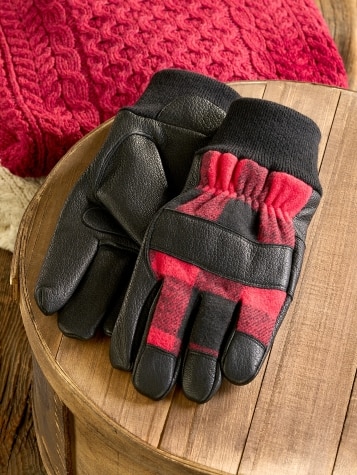 Men's Buffalo Check Leather and Wool Work Gloves