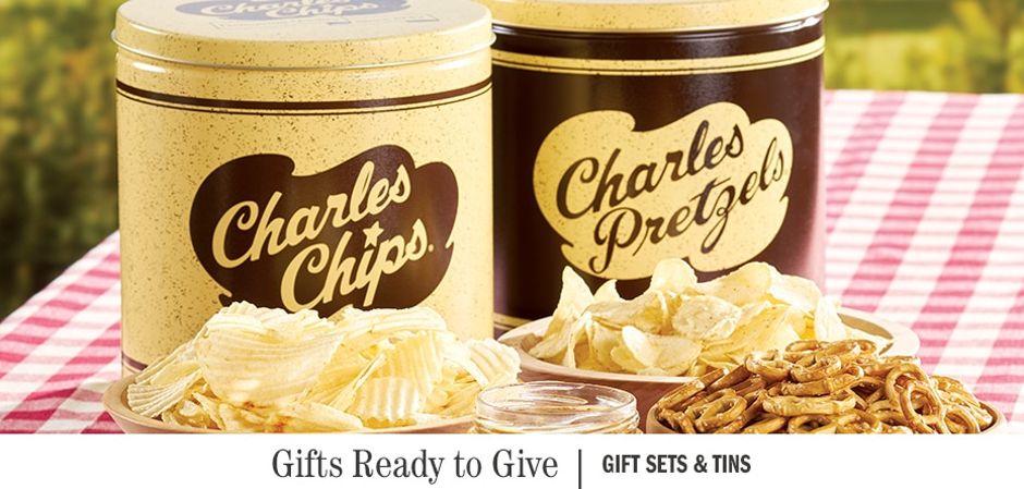 Charles Chips Potato Chips Tin, 1 Pound / Charles Pretzel Tin, 1.5 pound