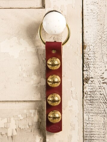 Four Brass Sleigh Bell Leather Strap Door Hanger