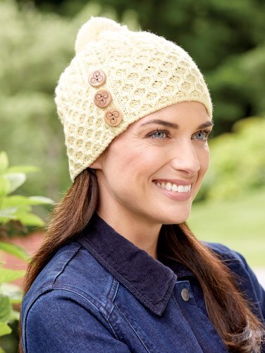 Merino Wool Knit Hat For Women Irish Honeycomb Pom Pom Hat
